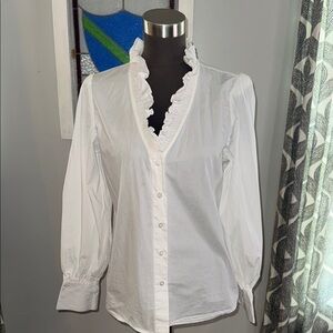 Karl Lagerfield 100% Cotton Ruffle Neckline Puff Sleeve Blouse